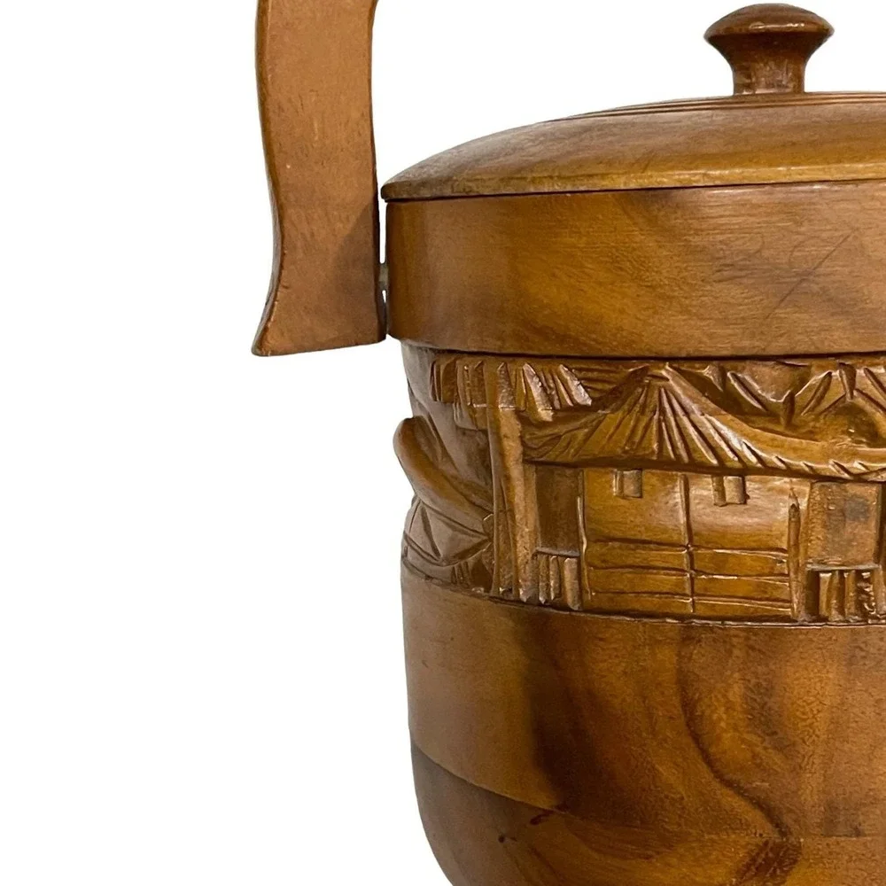 Hand Carved Wooden Tiki Bar Ice Bucket, Mid Century Barware, Polynesian Decor